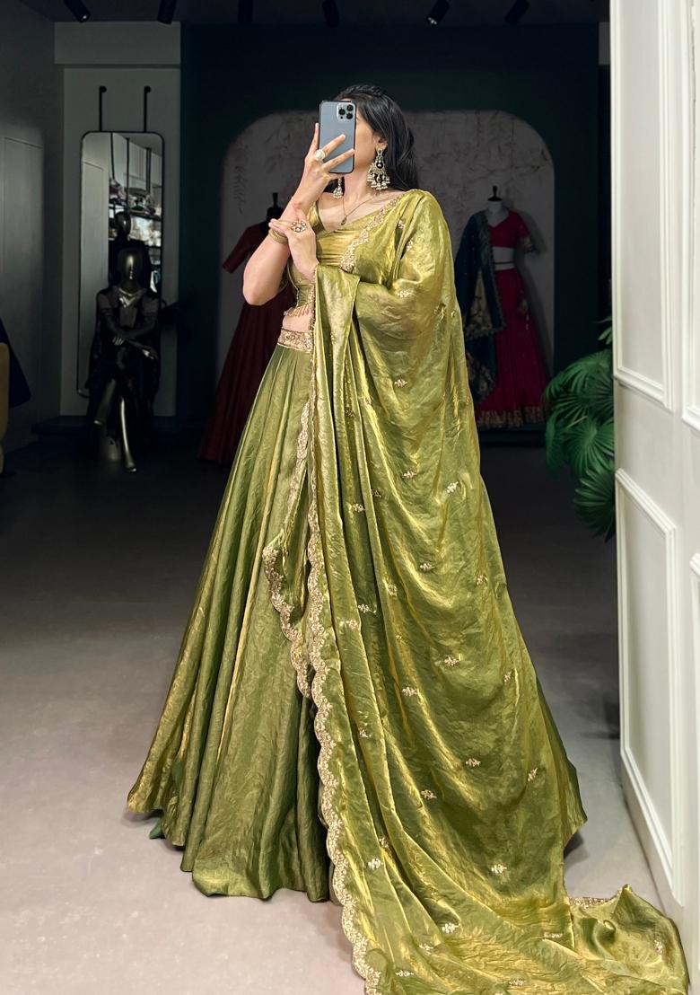 Green Drawstring With Zip Cotton Lehenga Set - Indya