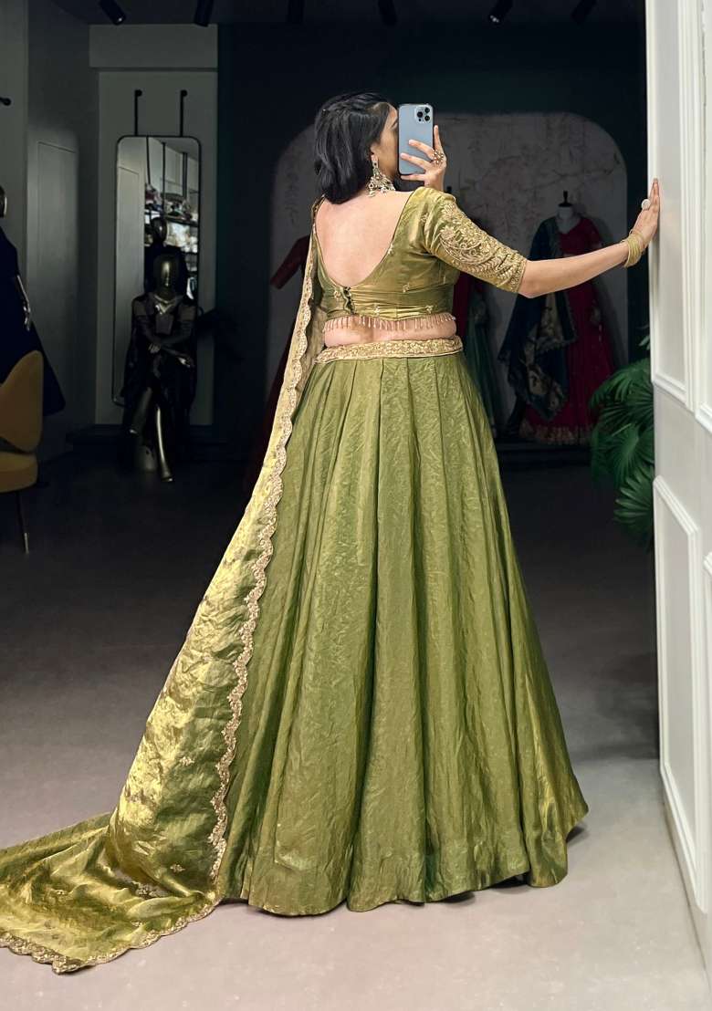 Green Drawstring With Zip Cotton Lehenga Set for Diwali and Festive Wear - Indya
