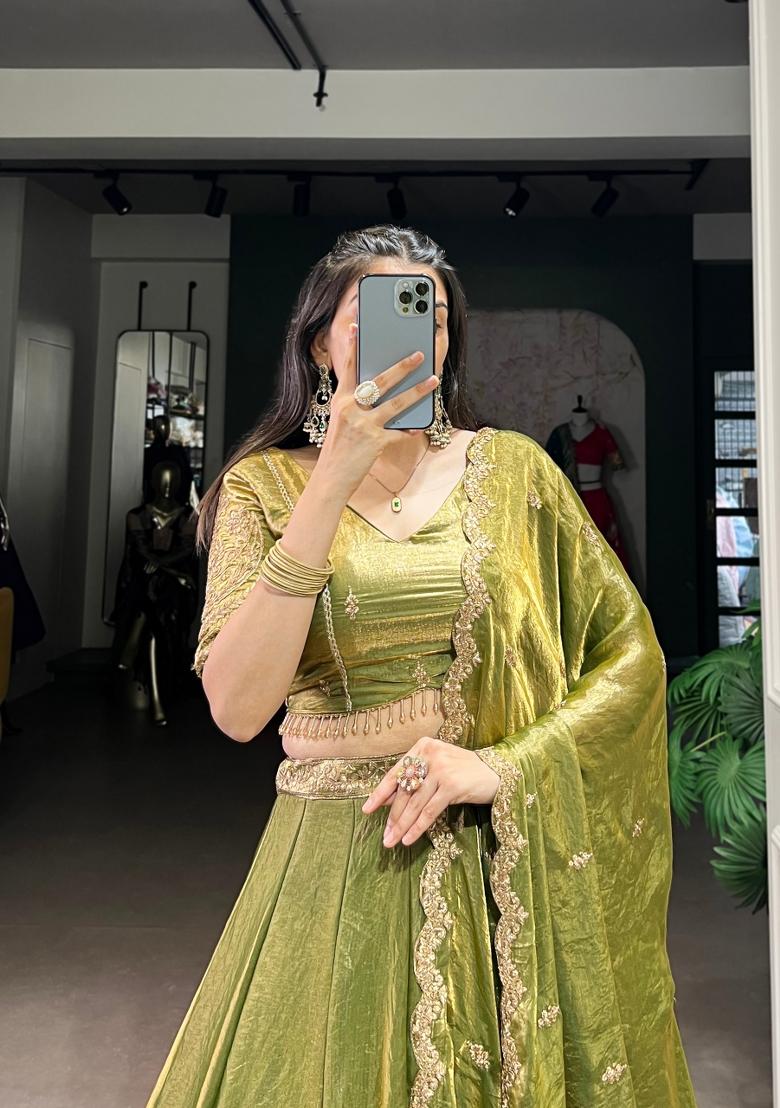 Green Drawstring With Zip Cotton Lehenga Set - Indya