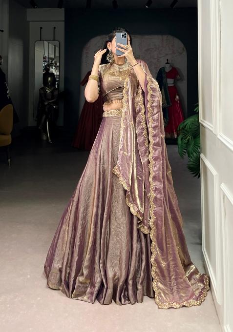 Lavender Drawstring With Zip Cotton Lehenga Set