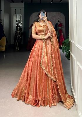 Orange Drawstring With Zip Cotton Lehenga Set