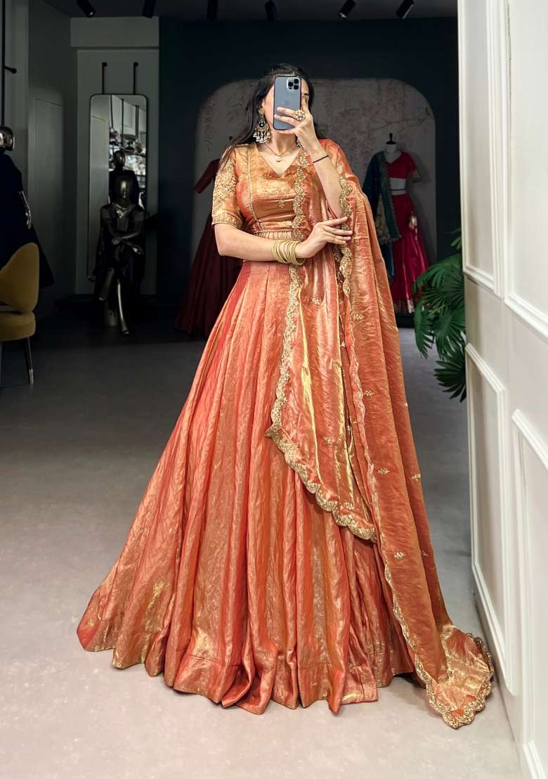 Orange Drawstring With Zip Cotton Lehenga Set for Diwali and Festive Wear - Indya