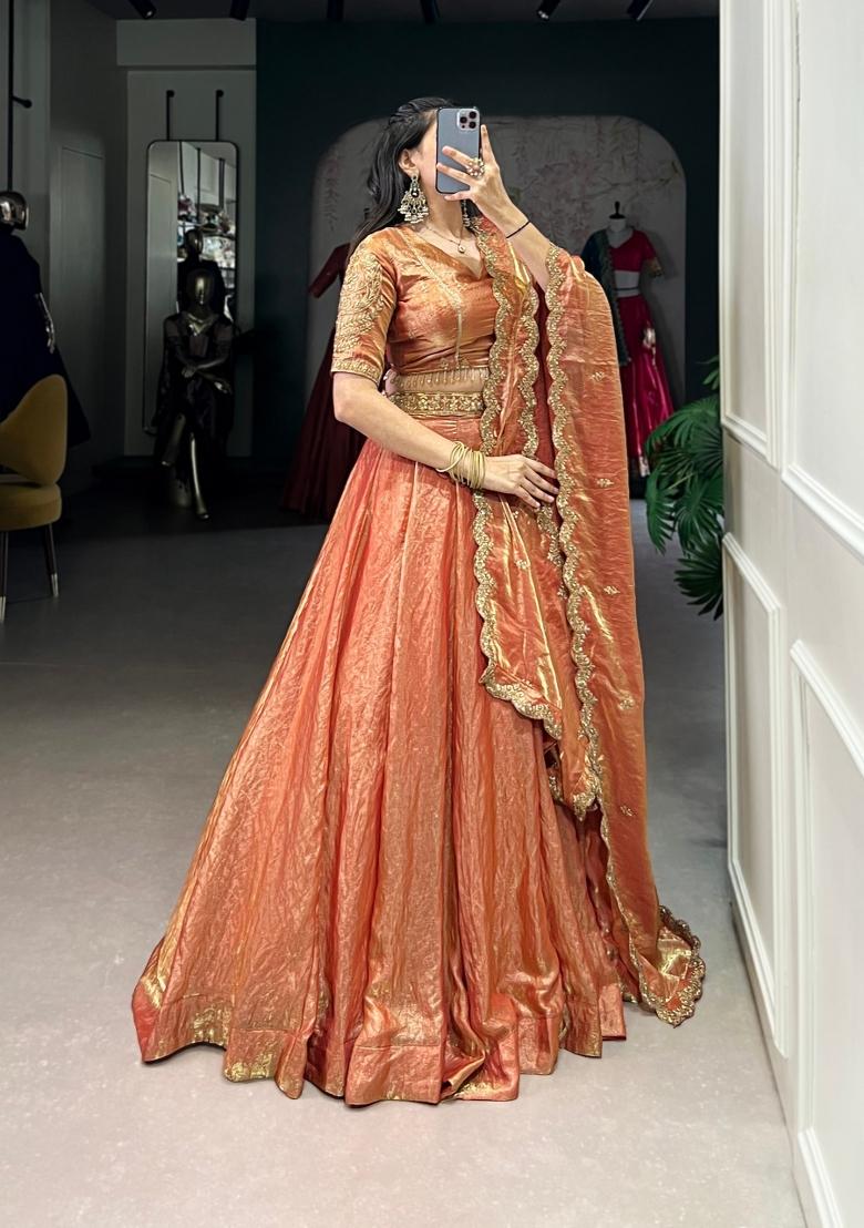 Orange Drawstring With Zip Cotton Lehenga Set - Indya