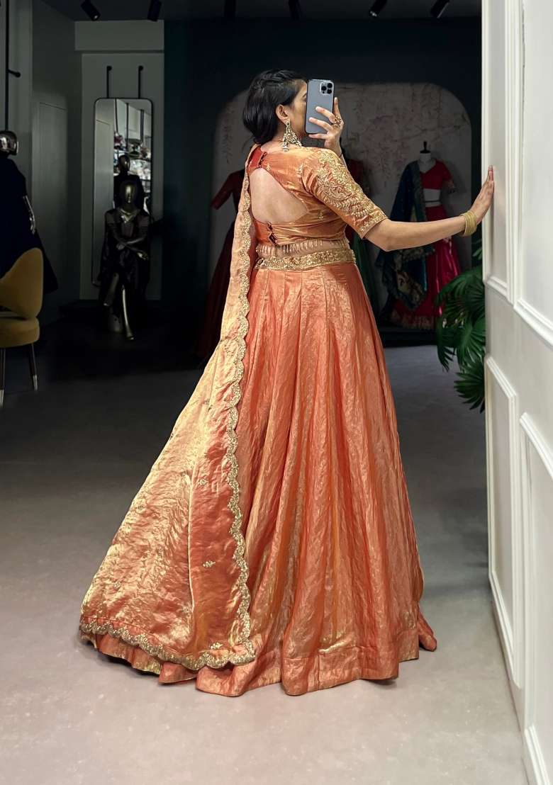 Orange Drawstring With Zip Cotton Lehenga Set for Diwali and Festive Wear - Indya