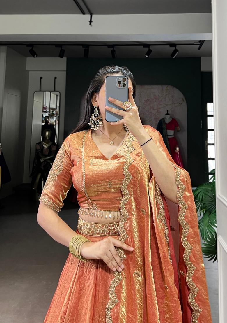 Orange Drawstring With Zip Cotton Lehenga Set - Indya