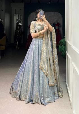 Sky Blue Drawstring With Zip Cotton Lehenga Set