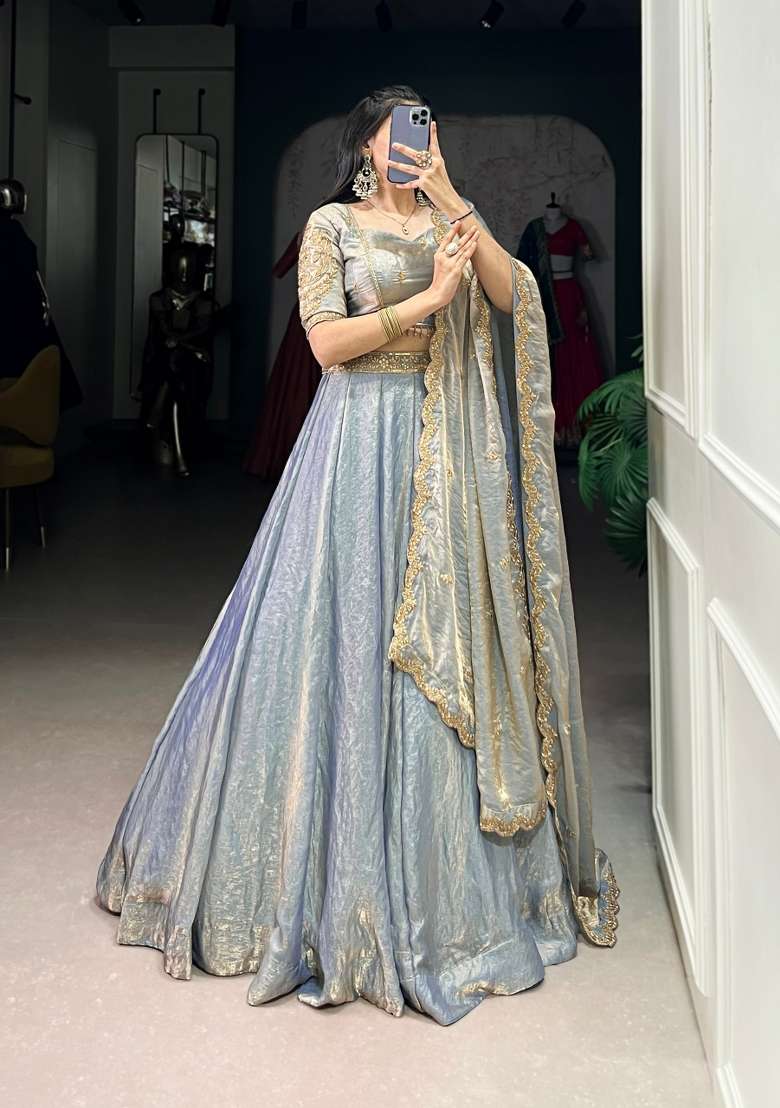 Sky Blue Drawstring With Zip Cotton Lehenga Set for Diwali | Wedding & Festive Wear - Indya