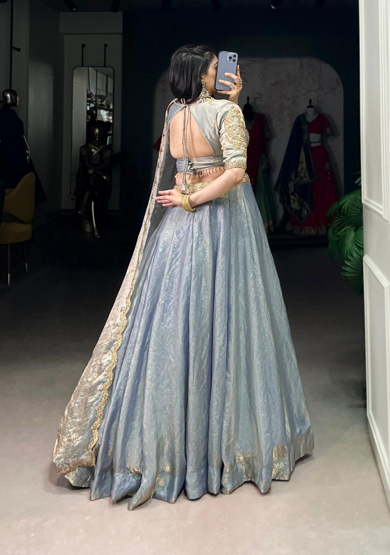 Sky Blue Drawstring With Zip Cotton Lehenga Set - Indya