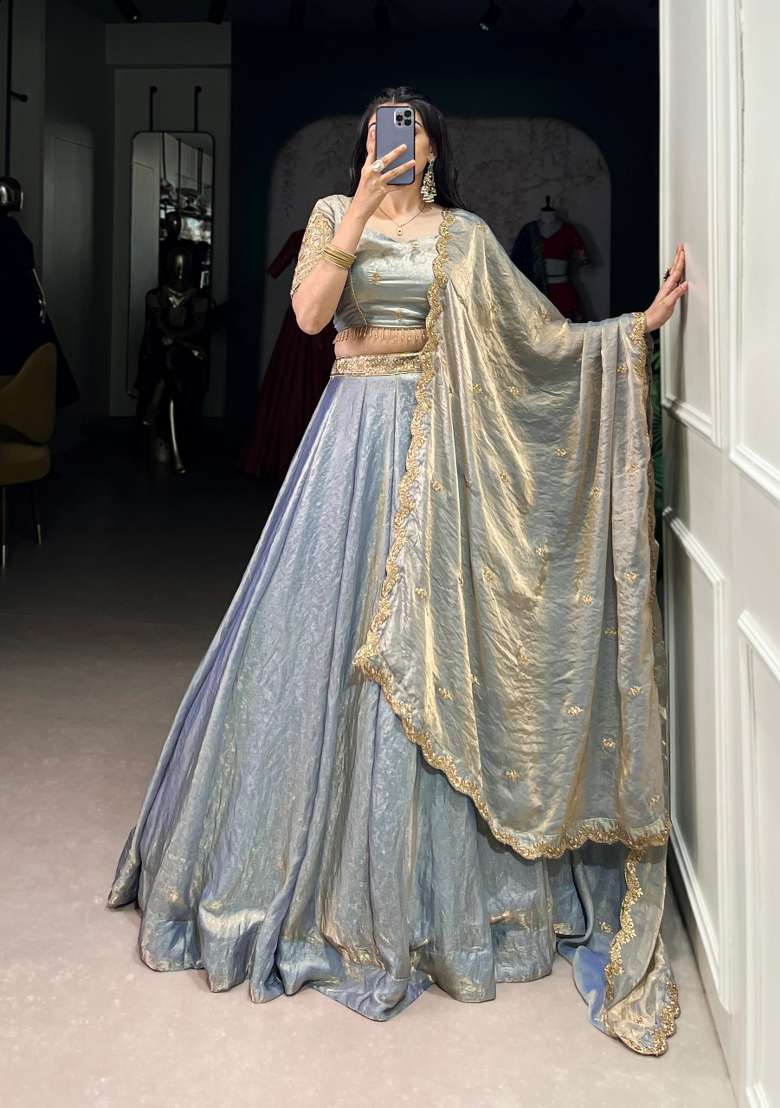 Sky Blue Drawstring With Zip Cotton Lehenga Set for Diwali | Wedding & Festive Wear - Indya