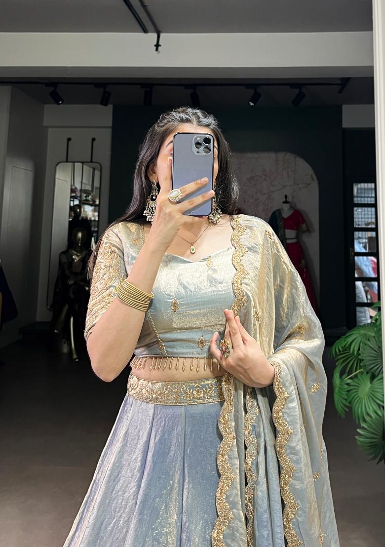 Sky Blue Drawstring With Zip Cotton Lehenga Set - Indya