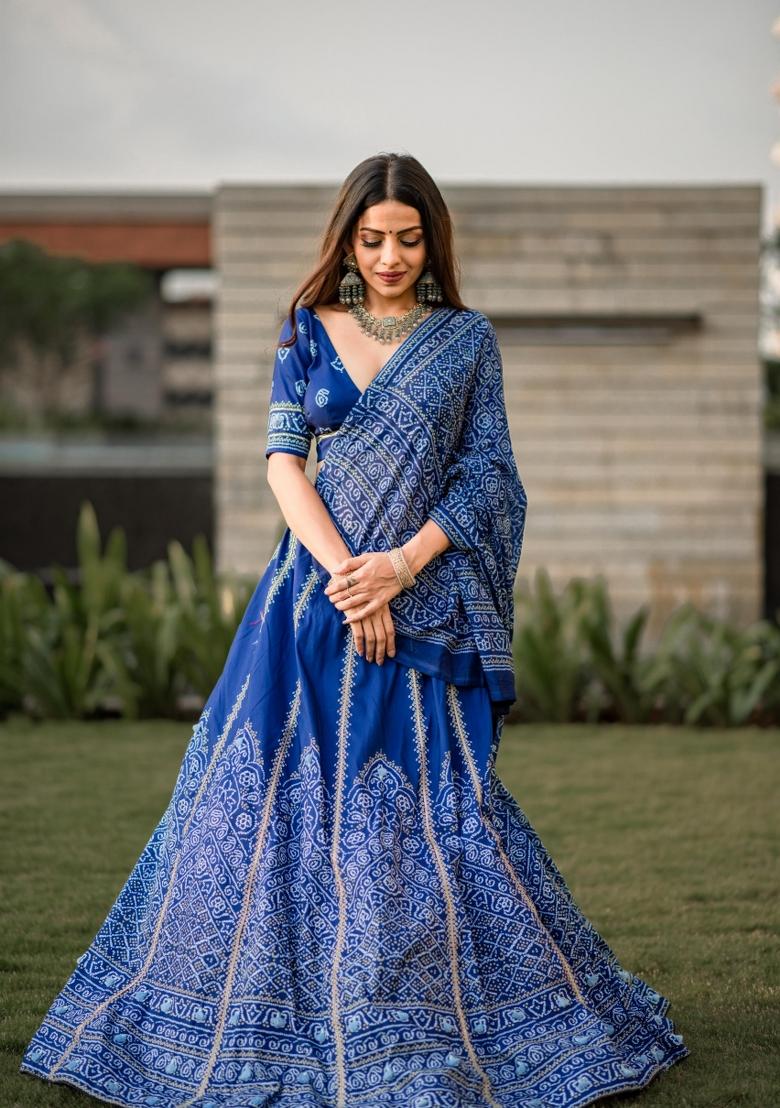 Navy Blue Drawstring With Zip Silk Blend Lehenga Set - Indya