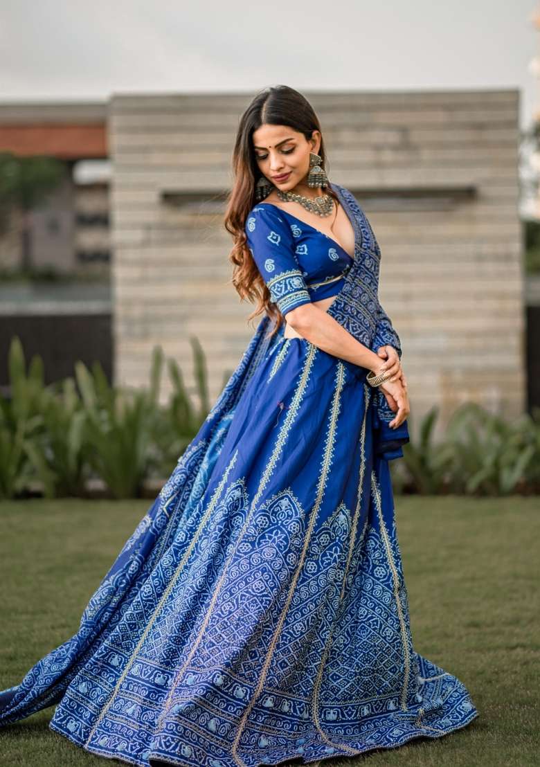 Navy Blue Drawstring With Zip Silk Blend Lehenga Set for Diwali | Wedding & Festive Wear - Indya