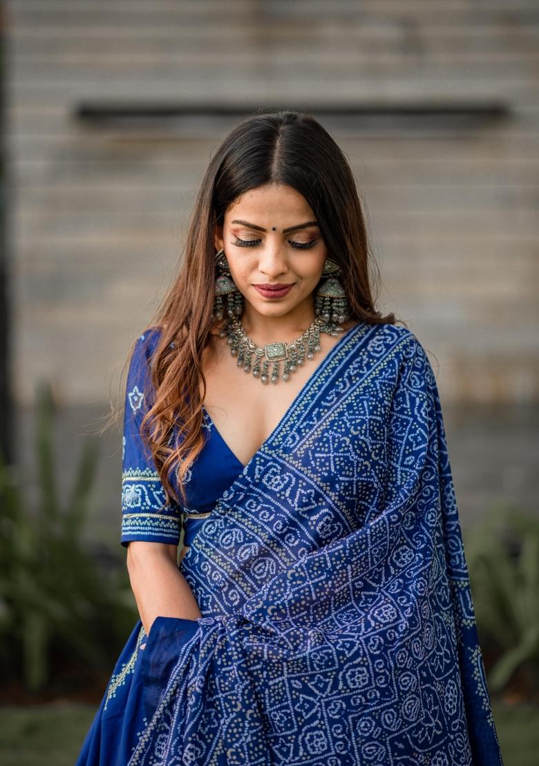 Navy Blue Drawstring With Zip Silk Blend Lehenga Set - Indya