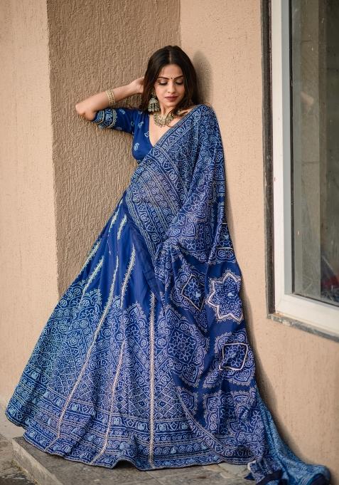 Navy Blue Drawstring With Zip Silk Blend Lehenga Set