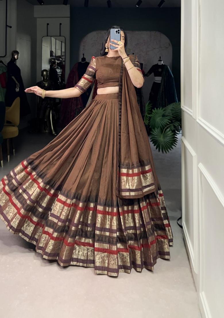 Brown Drawstring With Zip Cotton Lehenga Set - Indya