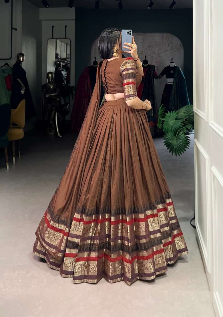 Brown Drawstring With Zip Cotton Lehenga Set for Diwali and Festive Wear - Indya