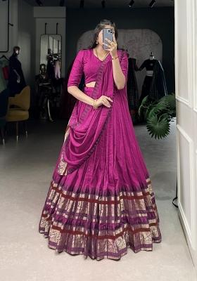 Pink Drawstring With Zip Cotton Lehenga Set