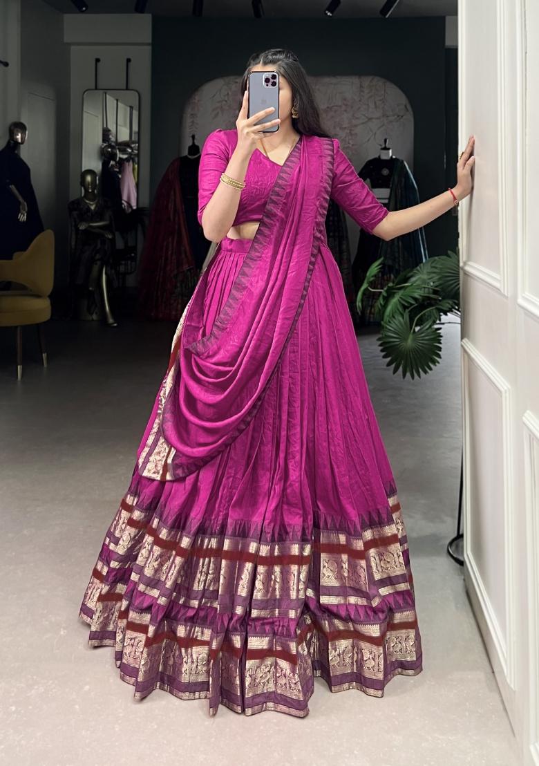 Pink Drawstring With Zip Cotton Lehenga Set - Indya