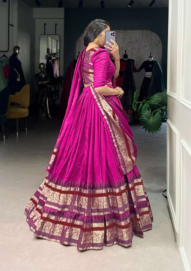 Pink Drawstring With Zip Cotton Lehenga Set for Diwali and Festive Wear - Indya