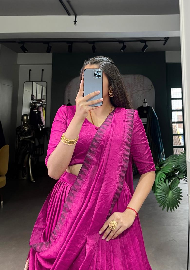 Pink Drawstring With Zip Cotton Lehenga Set - Indya