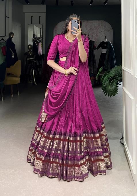 Pink Drawstring With Zip Cotton Lehenga Set
