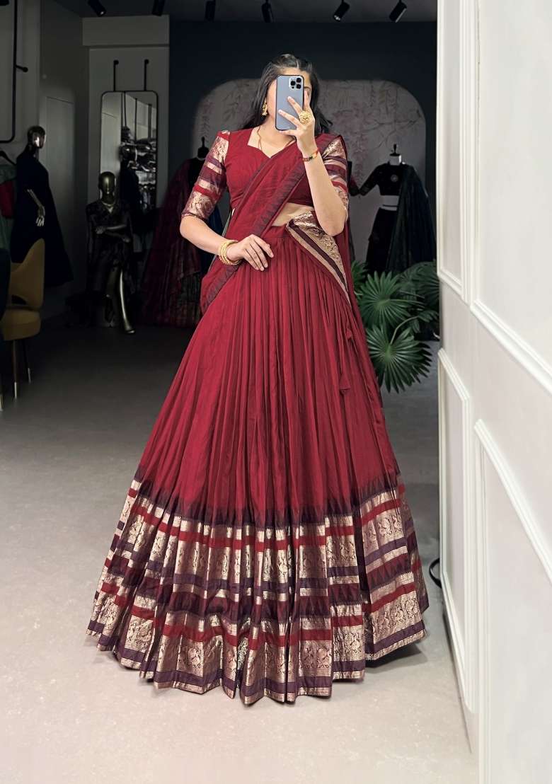 Red Drawstring With Zip Cotton Lehenga Set for Diwali and Festive Wear - Indya
