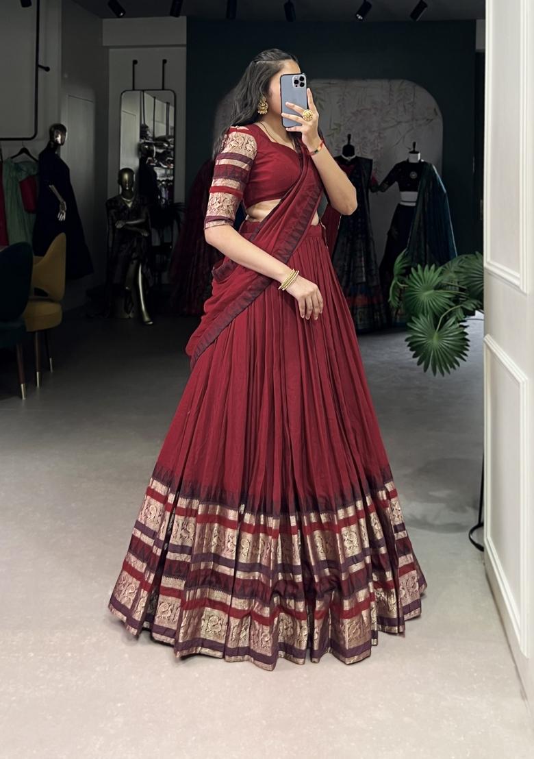 Red Drawstring With Zip Cotton Lehenga Set - Indya