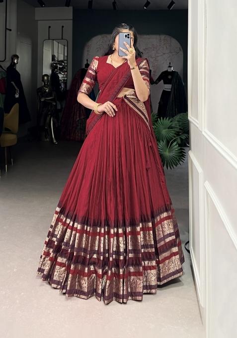 Red Drawstring With Zip Cotton Lehenga Set