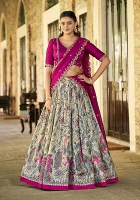 Cream Drawstring With Zip Silk Blend Lehenga Set