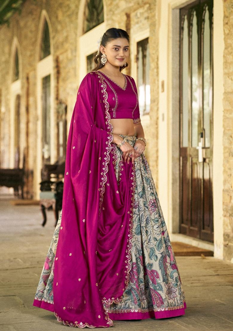 Cream Drawstring With Zip Silk Blend Lehenga Set - Indya