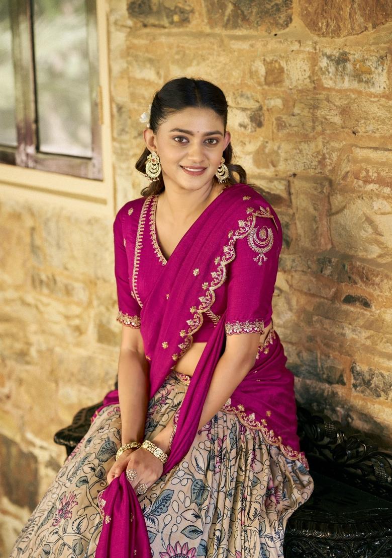 Cream Drawstring With Zip Silk Blend Lehenga Set - Indya