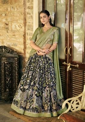 Green Drawstring With Zip Silk Blend Lehenga Set