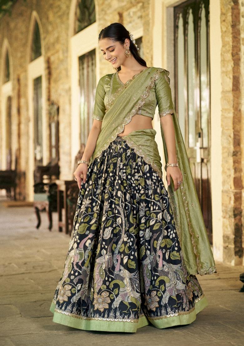 Green Drawstring With Zip Silk Blend Lehenga Set - Indya