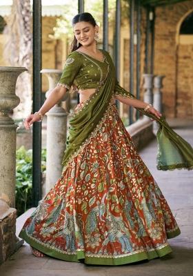Orange Drawstring With Zip Silk Blend Lehenga Set