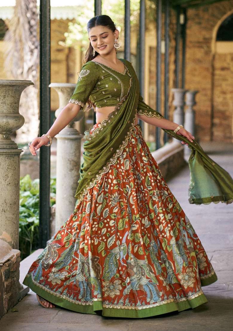 Orange Drawstring With Zip Silk Blend Lehenga Set for Diwali | Wedding & Festive Wear - Indya