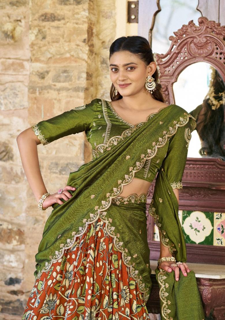 Orange Drawstring With Zip Silk Blend Lehenga Set - Indya
