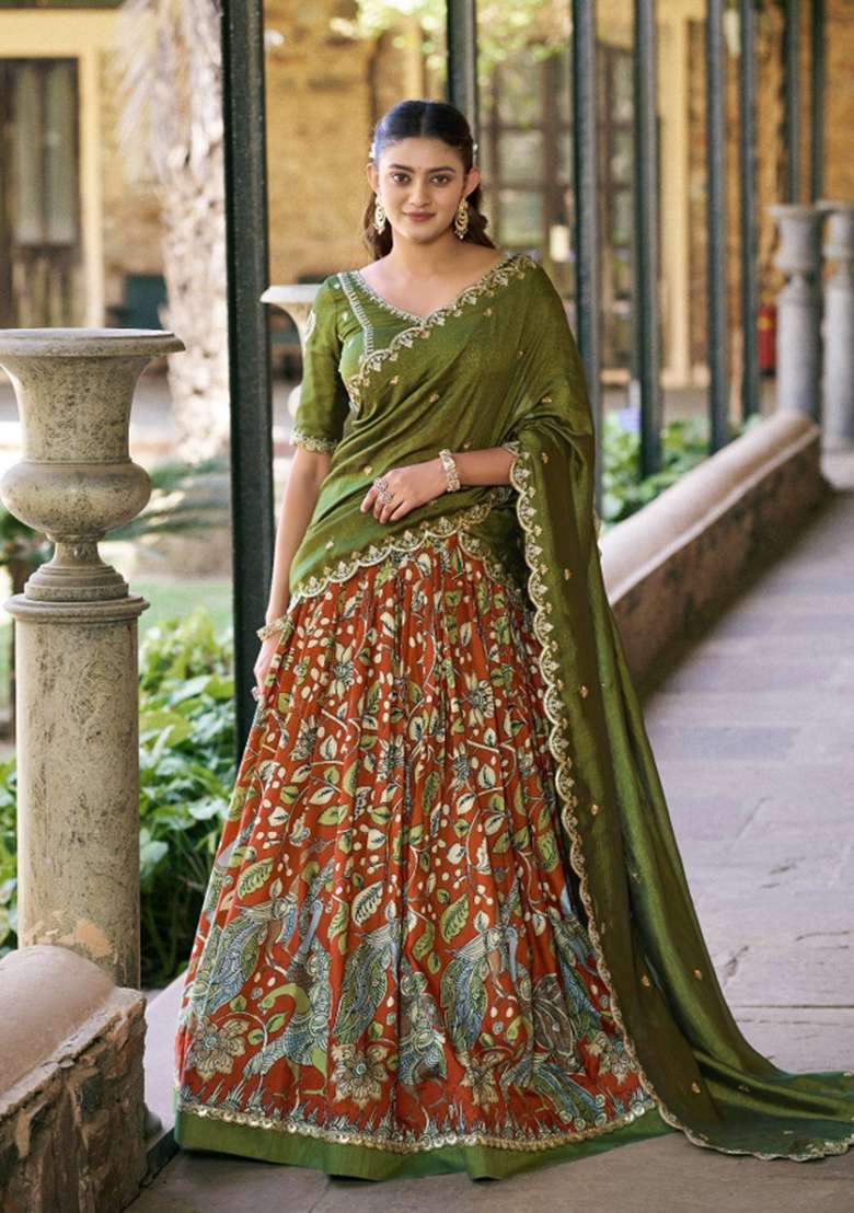 Orange Drawstring With Zip Silk Blend Lehenga Set for Diwali | Wedding & Festive Wear - Indya