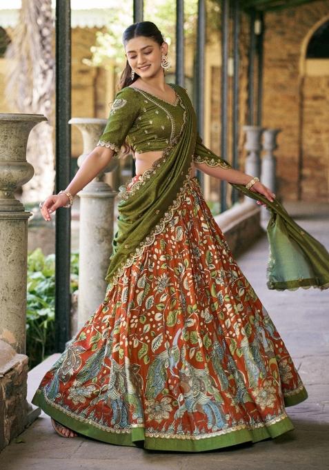 Orange Drawstring With Zip Silk Blend Lehenga Set