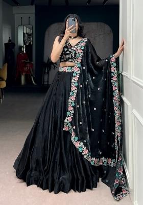 Black Embroidered Silk Blend Lehenga Set