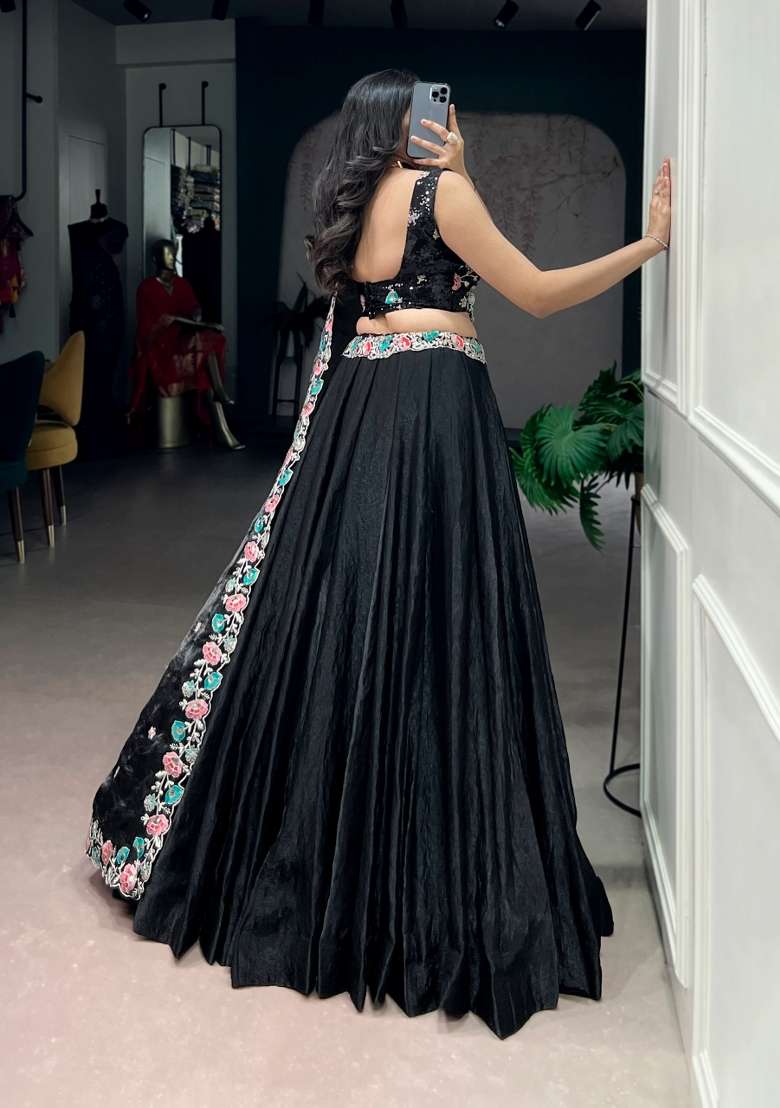 Black Silk Blend Lehenga Set with Embroidered for Diwali | Wedding & Festive Wear - Indya