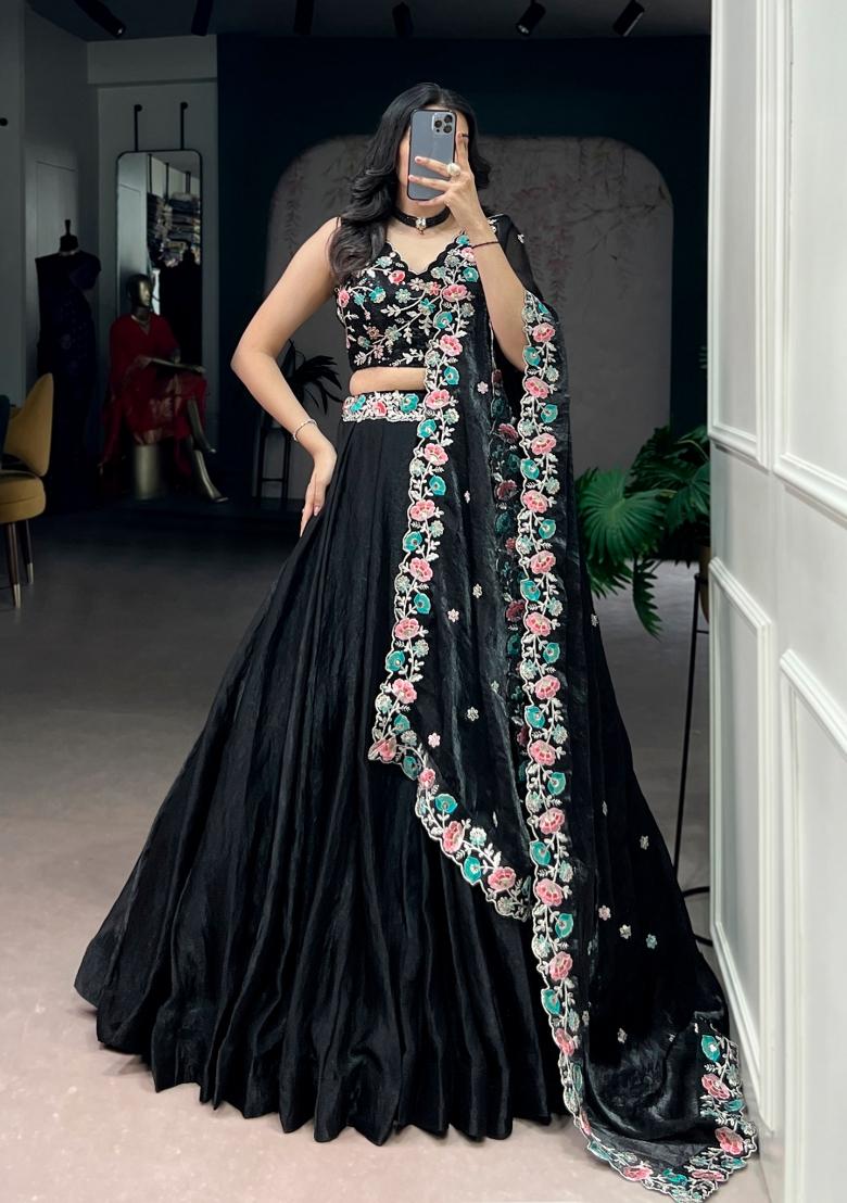 Black Embroidered Silk Blend Lehenga Set - Indya