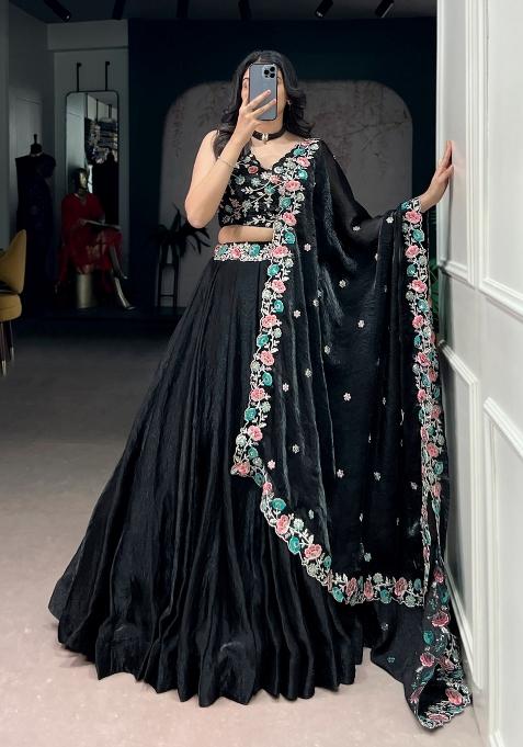 Black Embroidered Silk Blend Lehenga Set