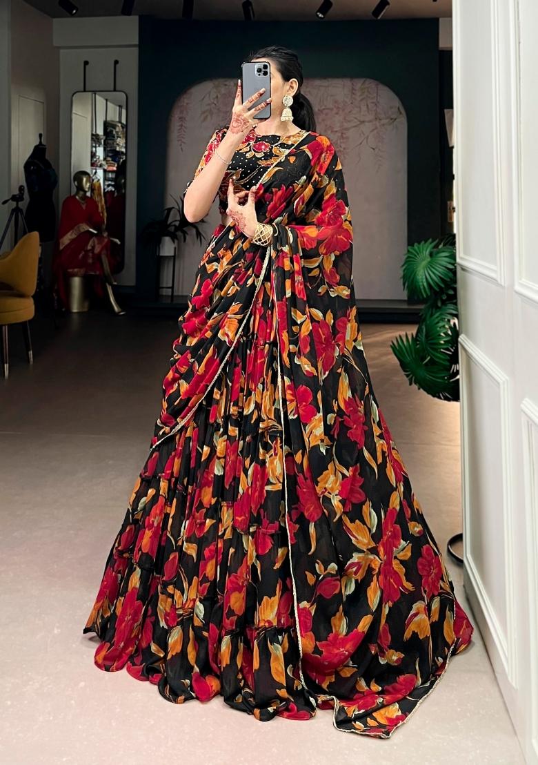 Black Floral Print Marbel Lehenga Set - Indya