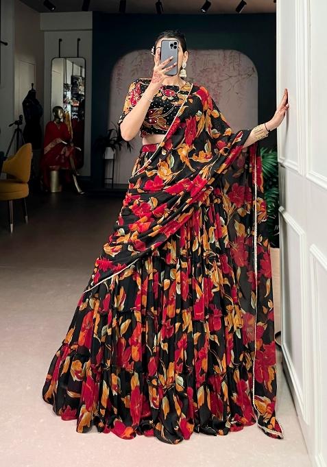Black Floral Print Marbel Lehenga Set