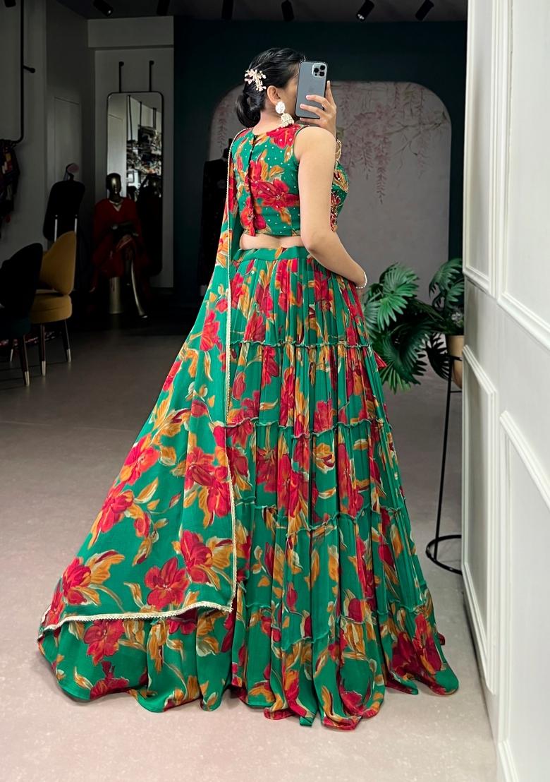 Green Floral Print Marbel Lehenga Set - Indya