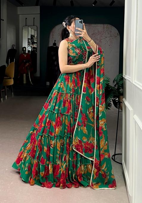 Green Floral Print Marbel Lehenga Set