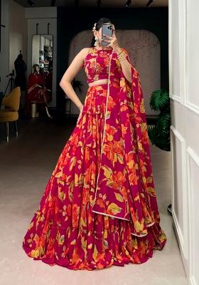 Pink Floral Print Marbel Lehenga Set