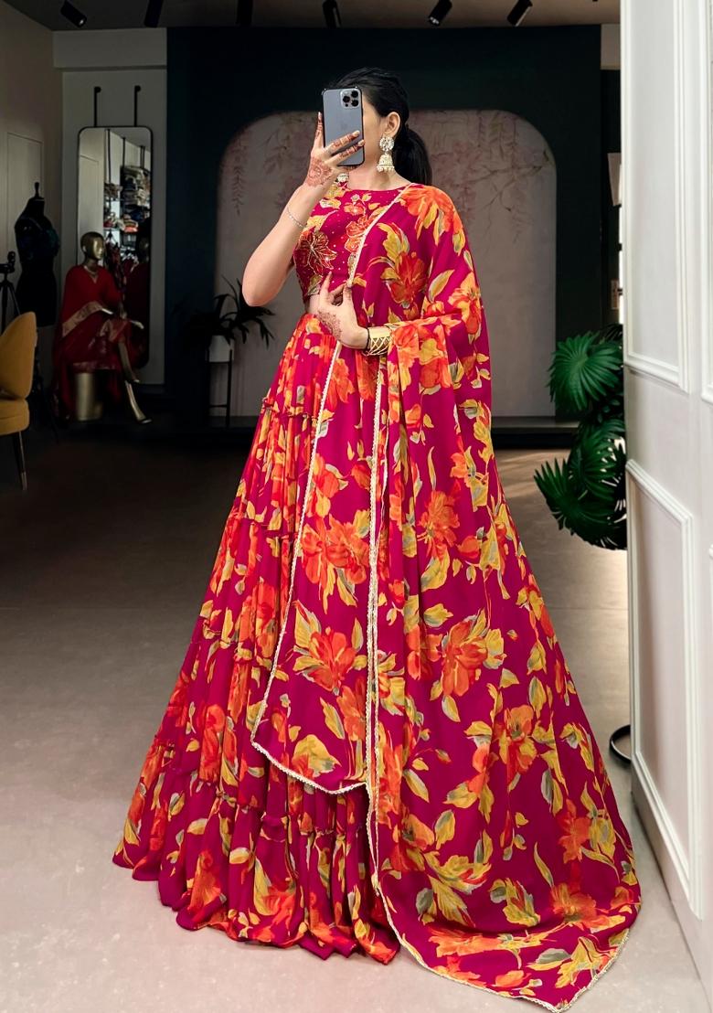 Pink Floral Print Marbel Lehenga Set - Indya
