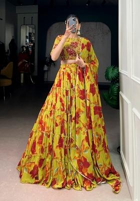 Yellow Floral Print Marbel Lehenga Set