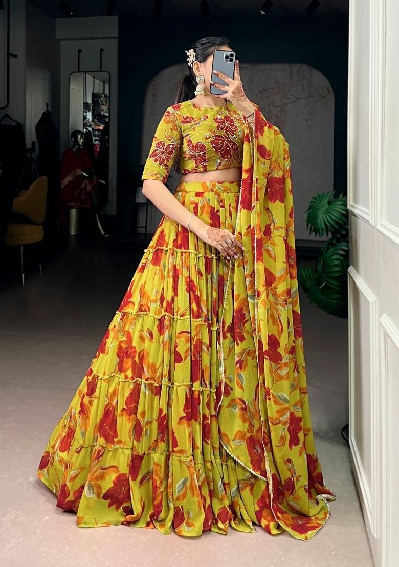 Yellow Floral Print Marbel Lehenga Set - Indya